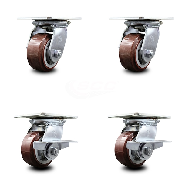 4 Inch Polyurethane Swivel Caster Set with Ball Bearings 2 Brakes